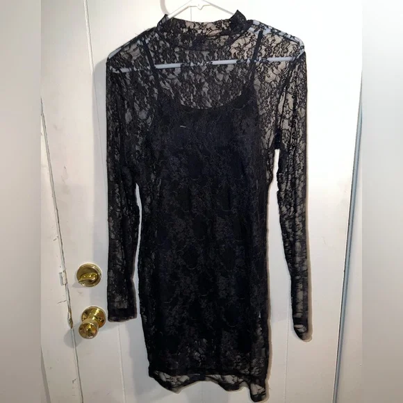 Shein Dresses | Black Lace Long Sleeve Body Con Dress with Slip | Color: Black | Size: M | Mollykadamo's Closet